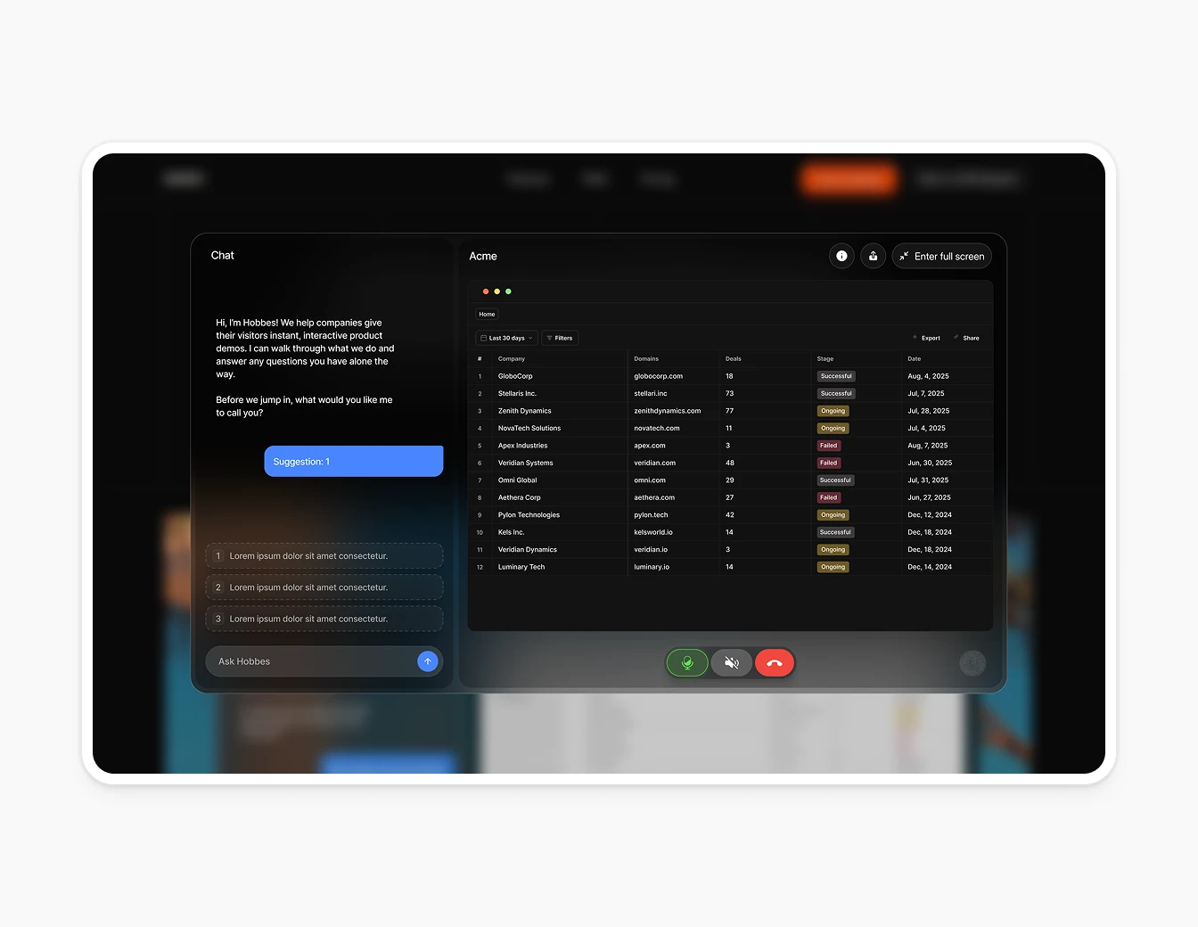 Hobbes Interactive Demo Chat with CRM Table