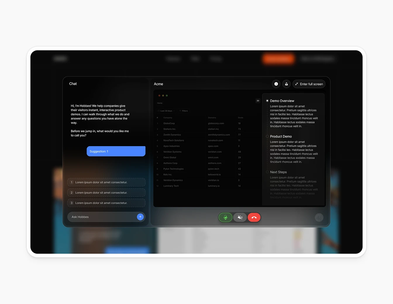 Hobbes Demo Chat with Sidebar Steps Panel