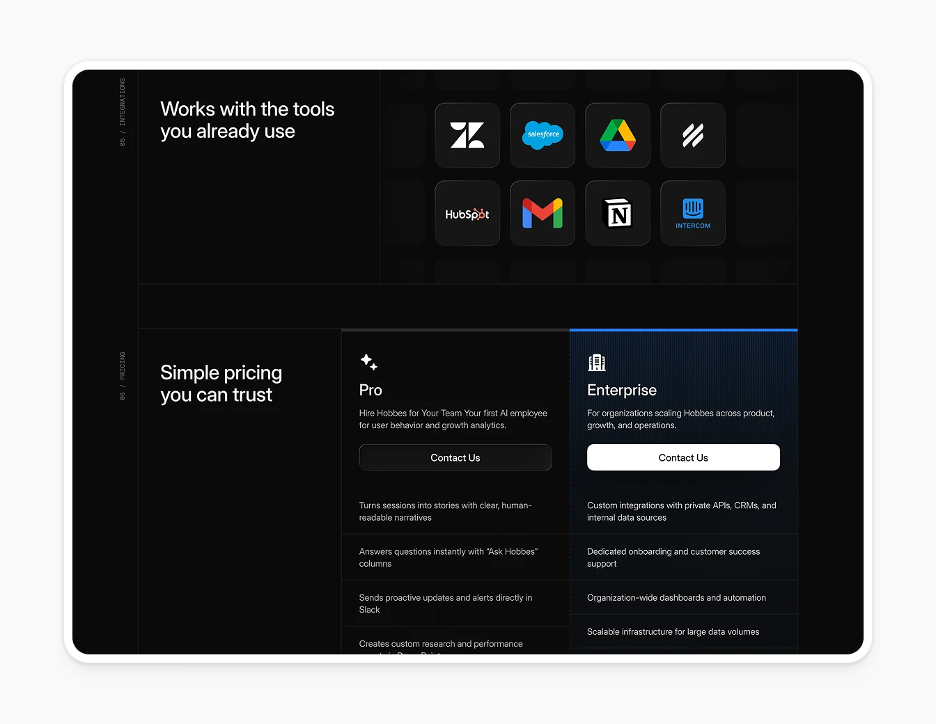 Hobbes Integrations and Pricing Section