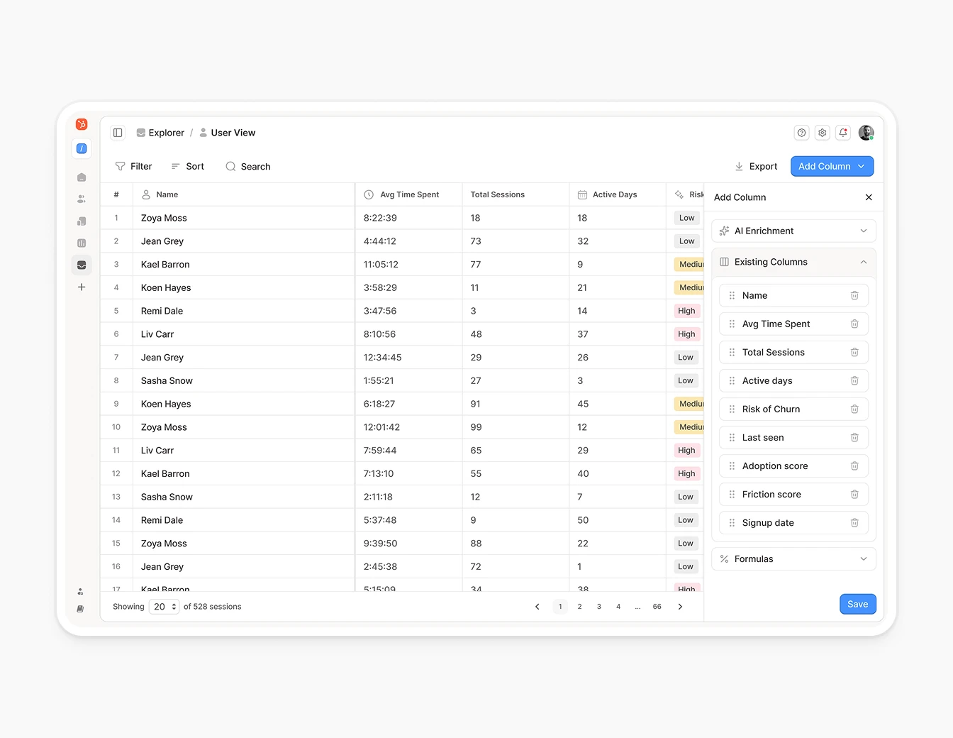 Hobbes Explorer User View Data Table
