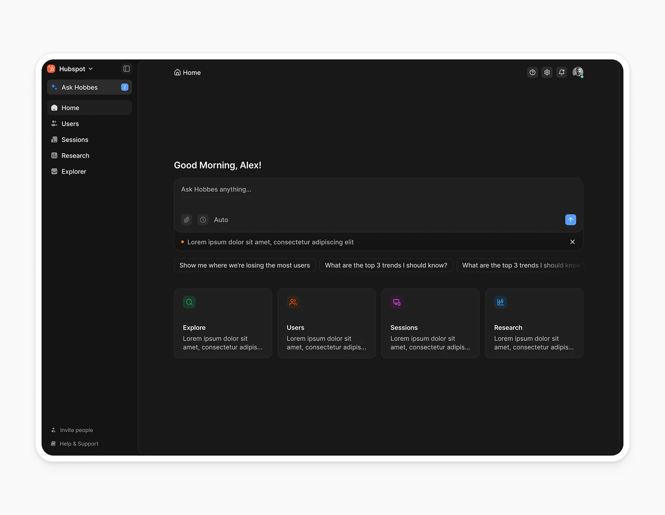 Hobbes AI Home Dashboard Dark Mode