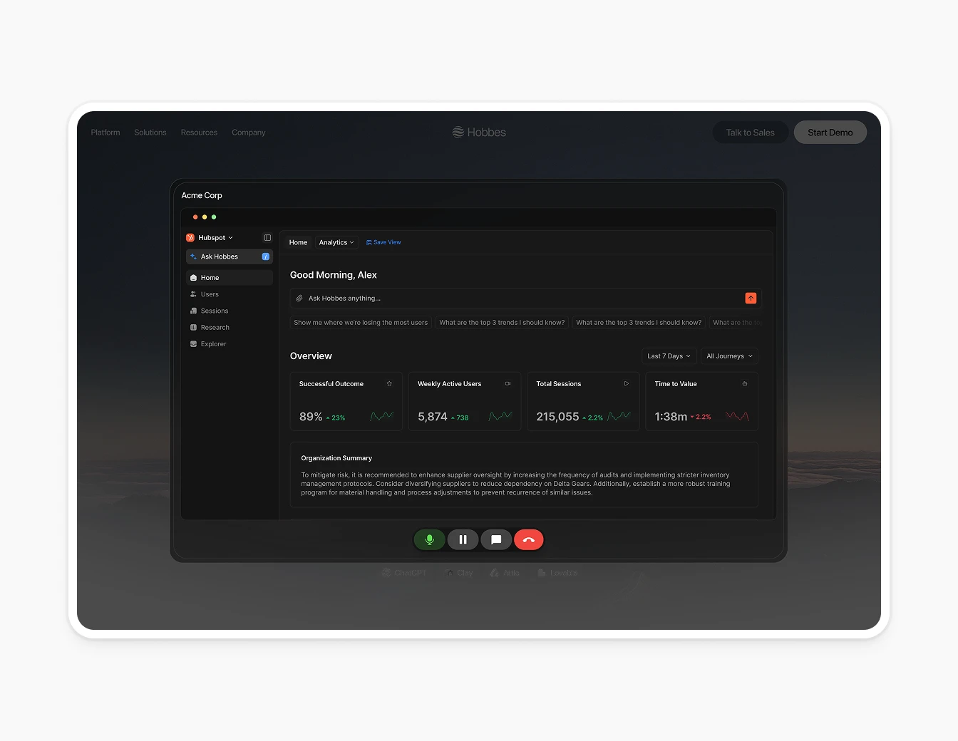 Hobbes Demo Dashboard Live Call Overlay