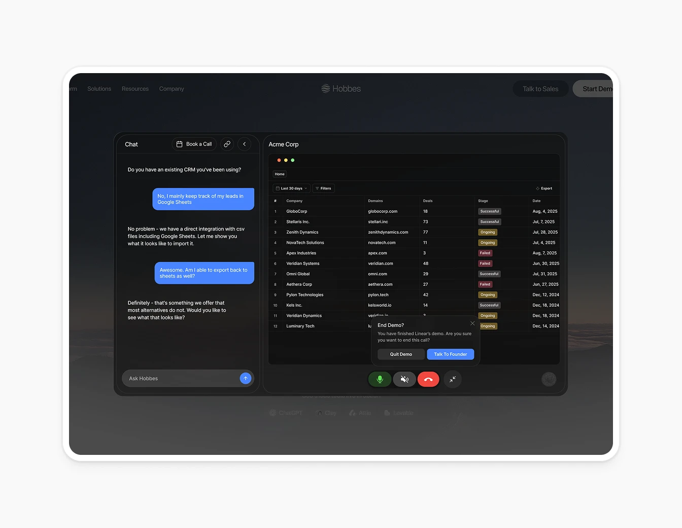 Hobbes Demo Chat CRM End Demo Modal