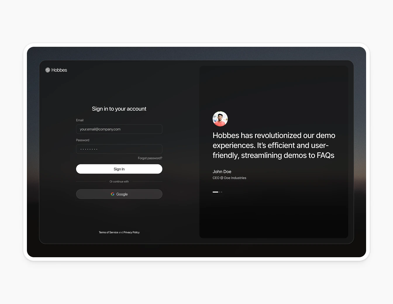 Hobbes Login Page with Testimonial