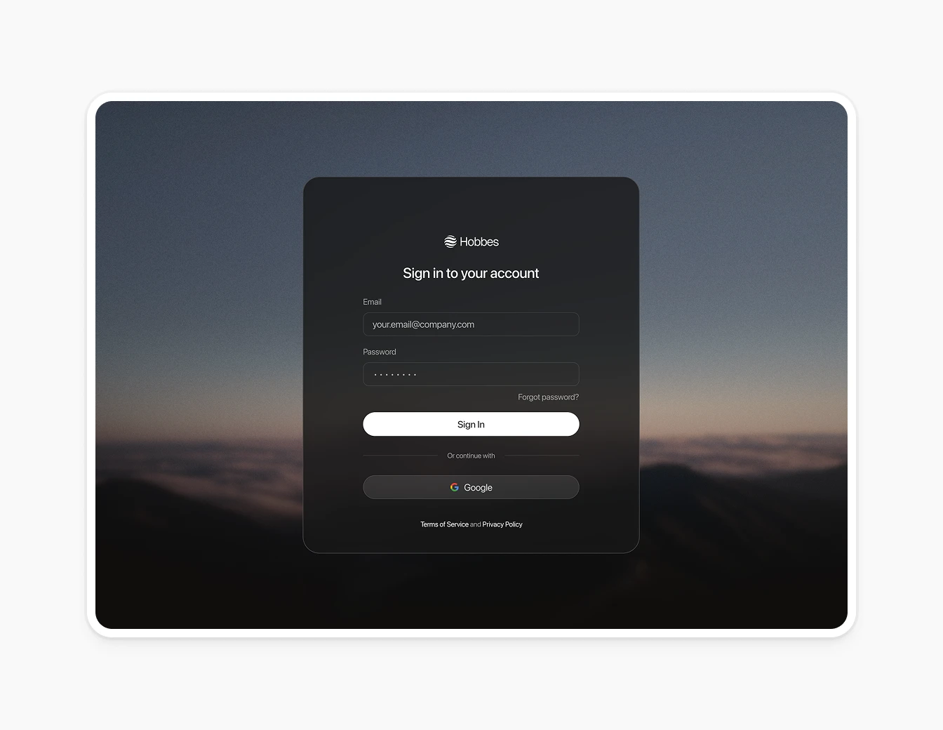 Hobbes Login Sign In Dark with Testimonial