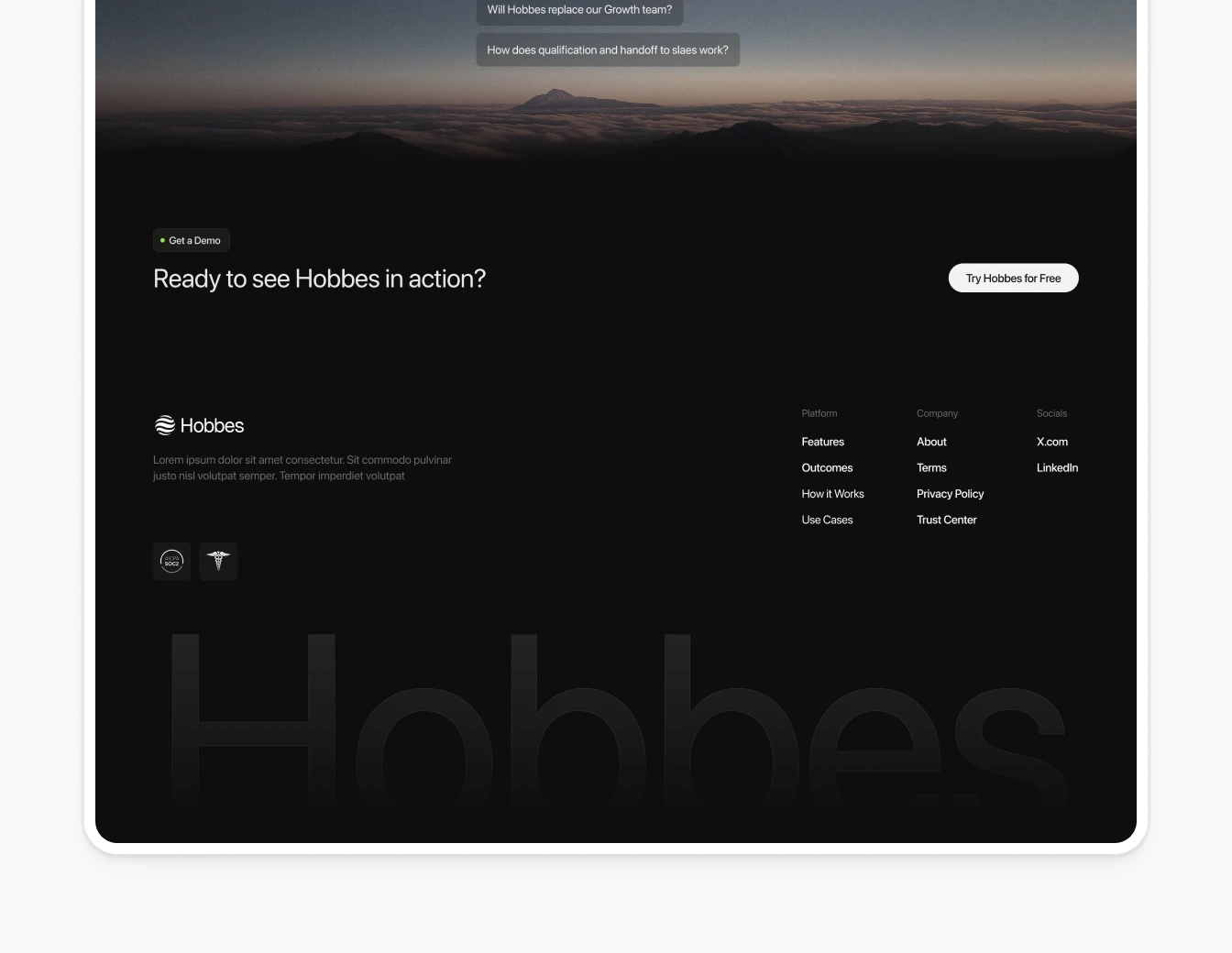 Hobbes CTA Footer and Navigation Section