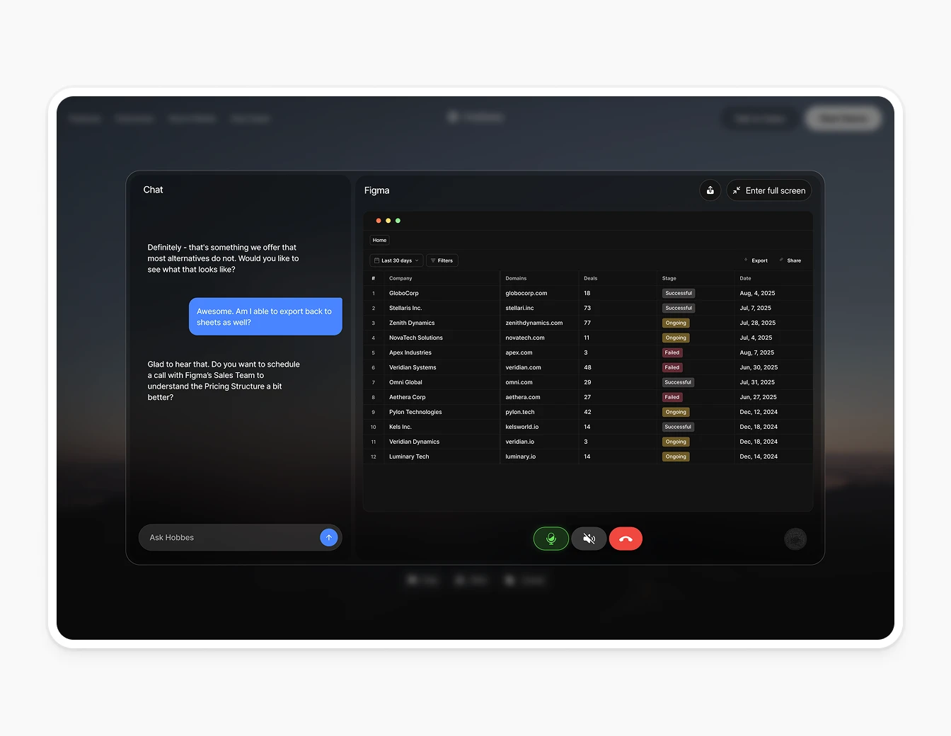 Hobbes Demo Chat Figma CRM Table Export
