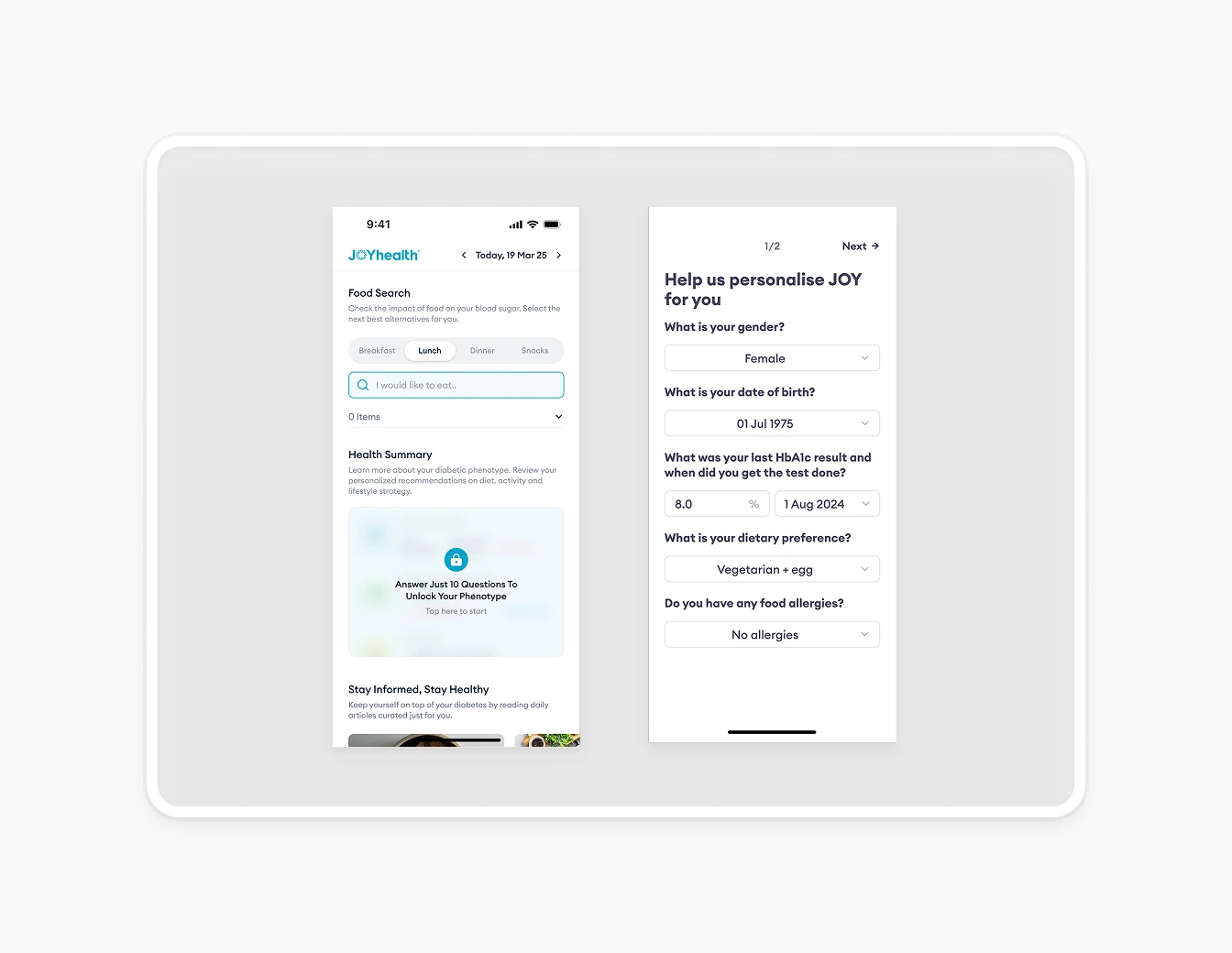 Joyhealth Food Search Onboarding Screens