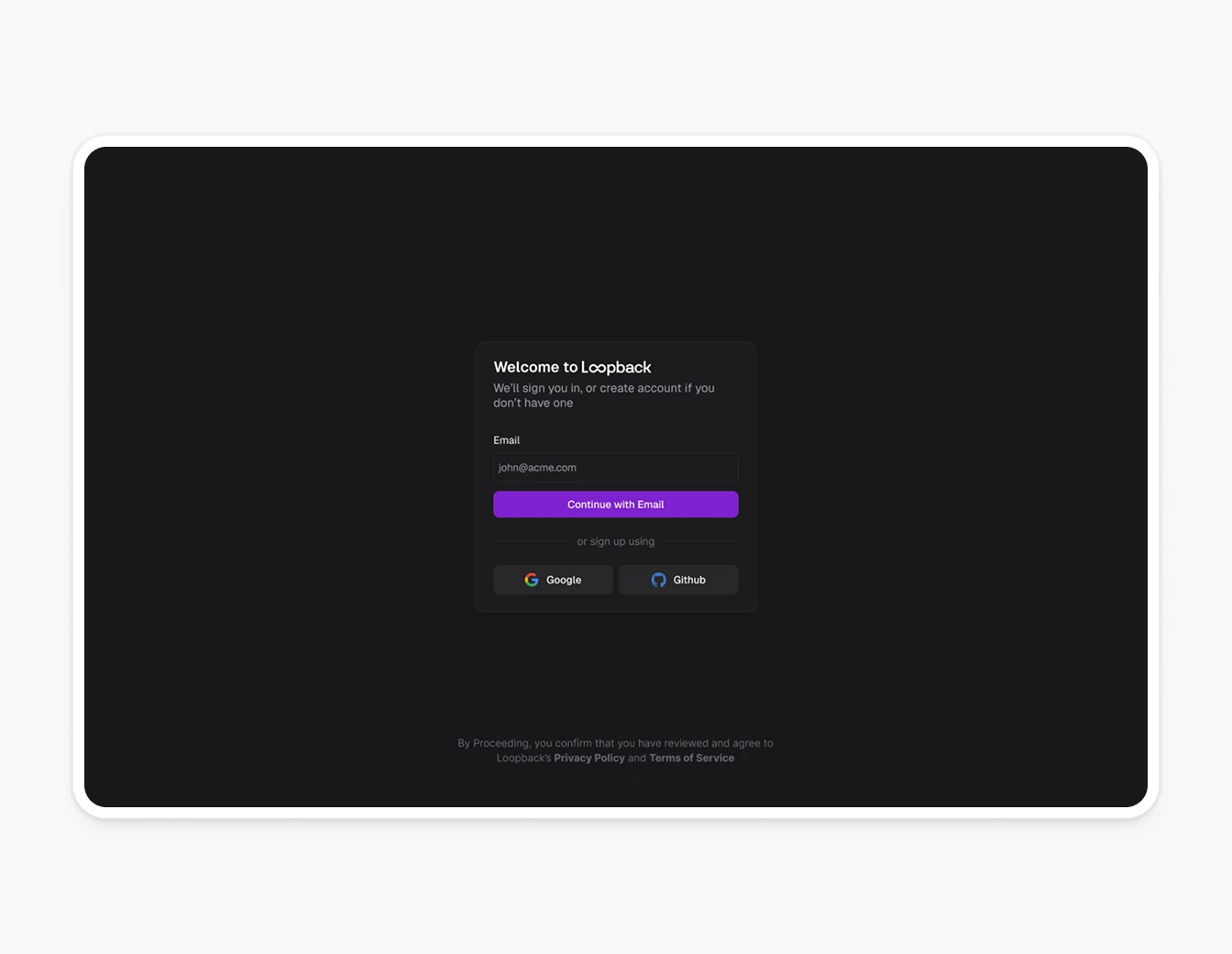 Loopback Welcome Login Email Social Dark