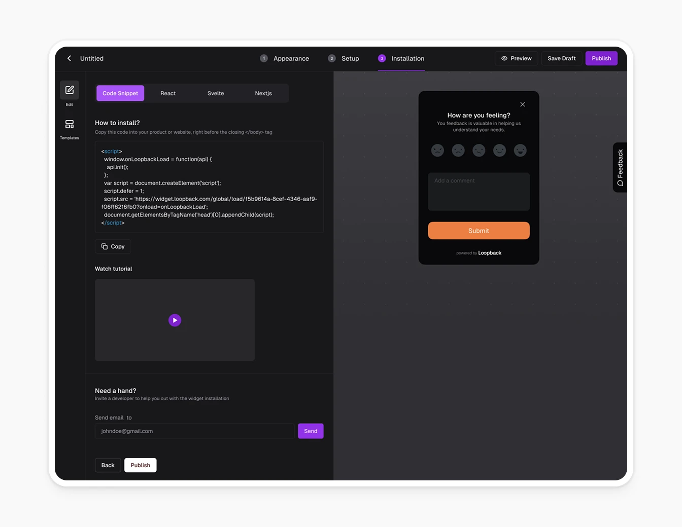 Loopback Widget Installation Setup Flow