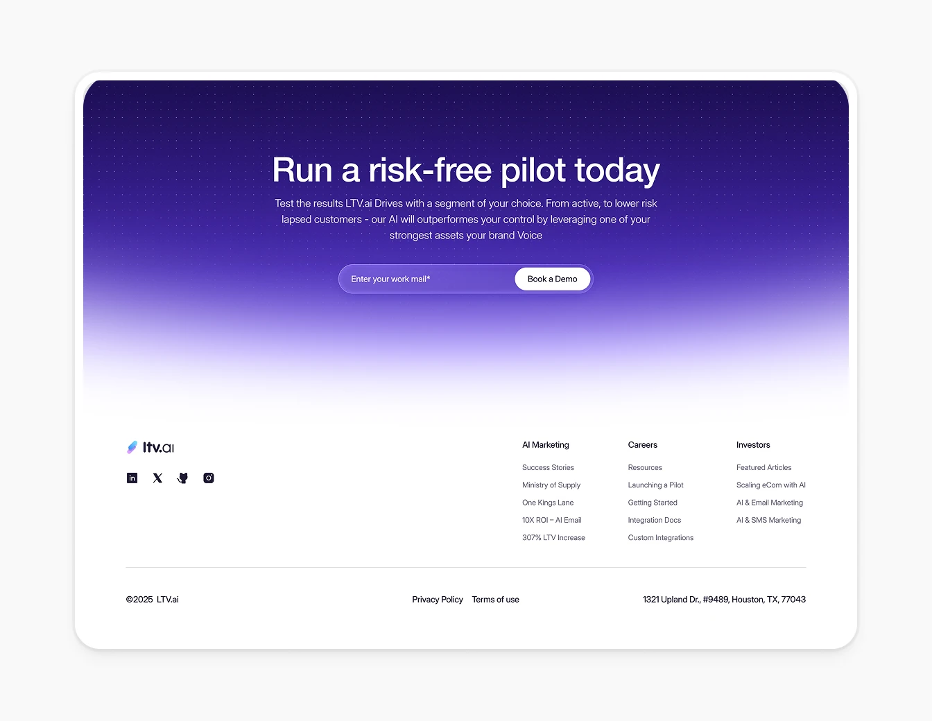 LTV.ai CTA Footer Risk Free Pilot Purple