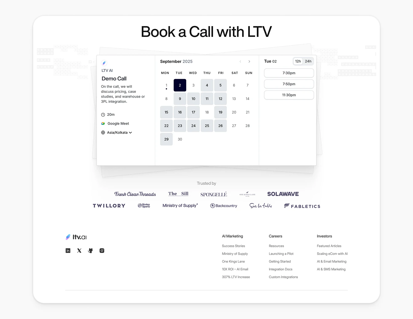LTV.ai Book a Call Calendar Footer Logos