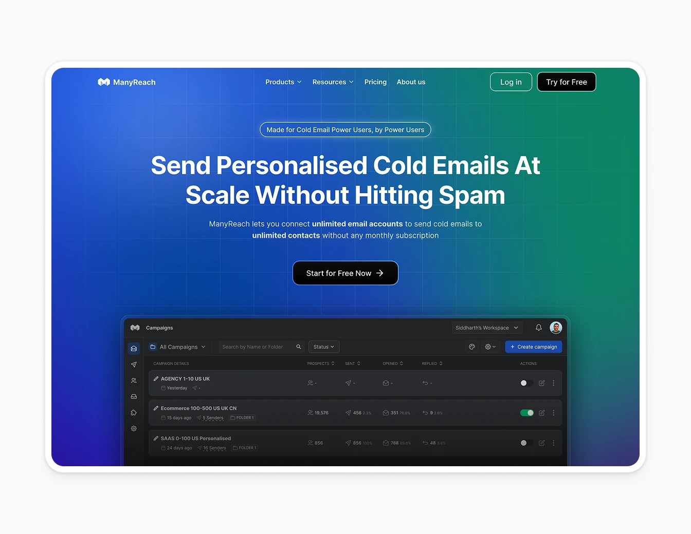Manyreach Cold Email Hero Teal Gradient