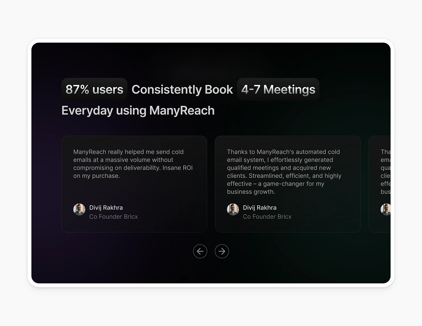 Manyreach Testimonials Carousel Dark Mode