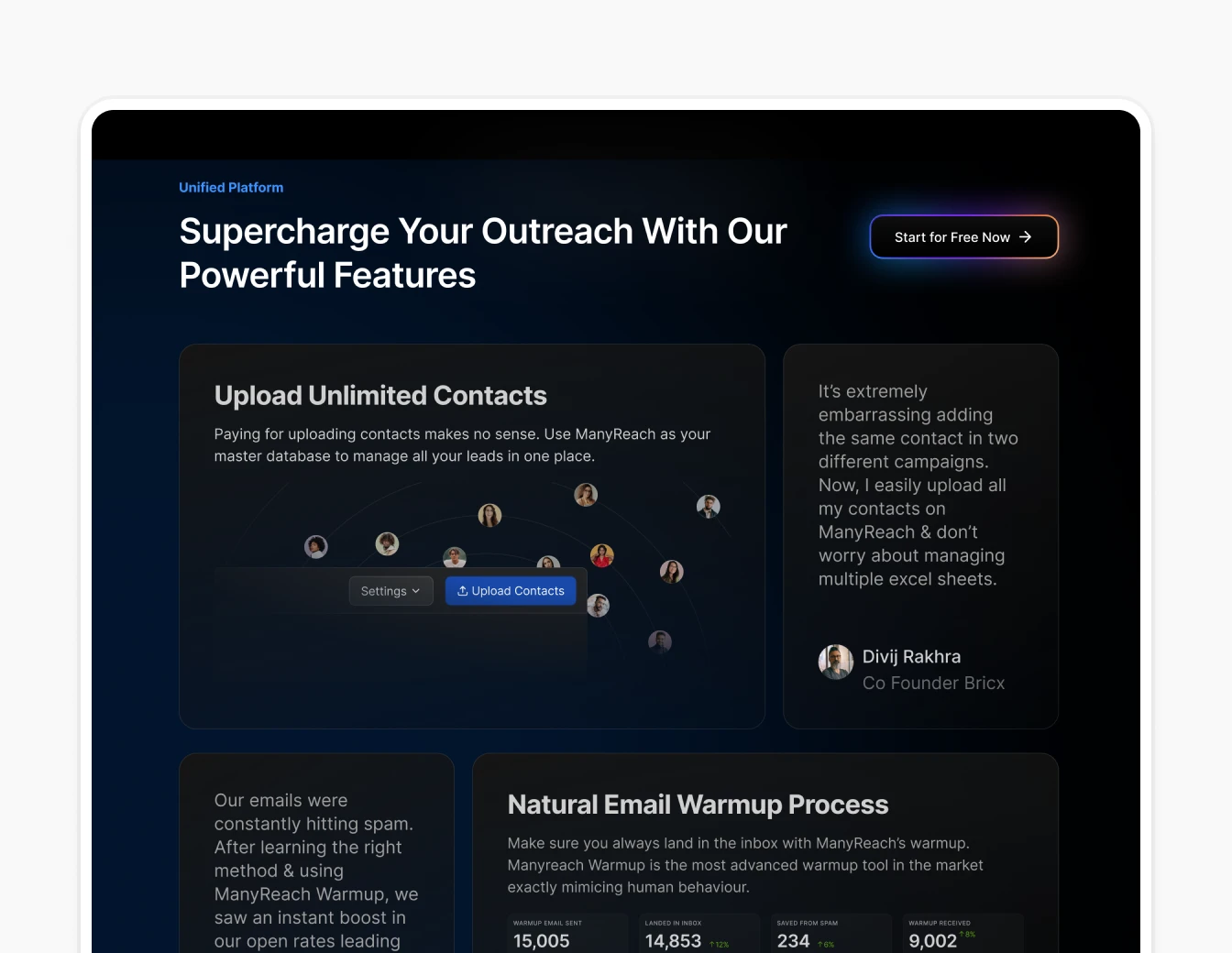 Manyreach Features Upload Warmup Dark