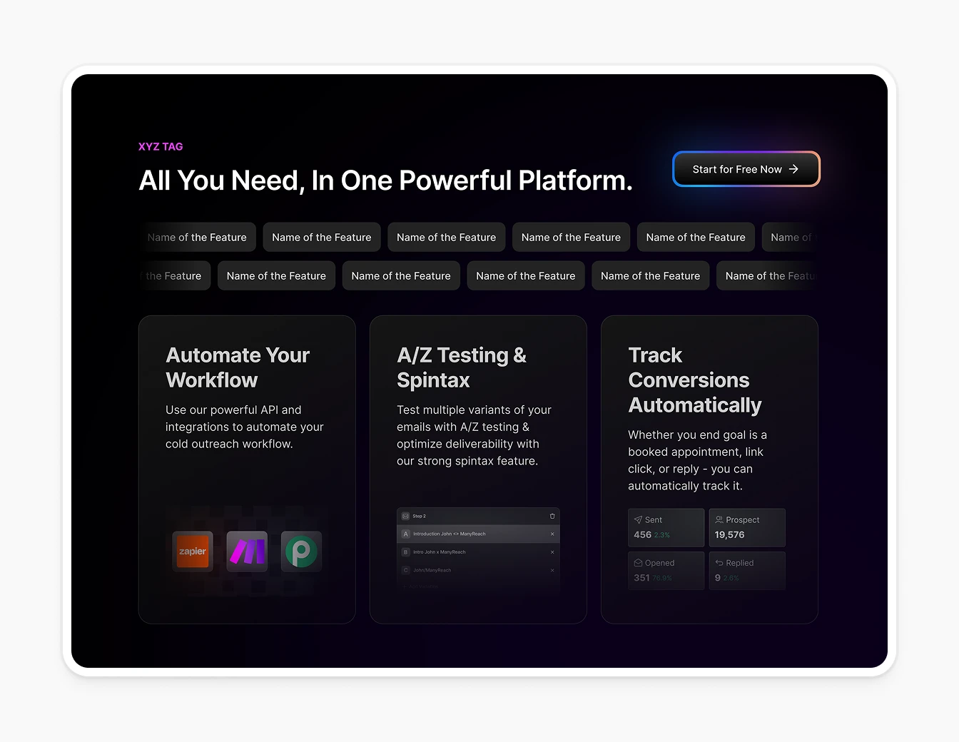 Manyreach Features Platform Dark Cards