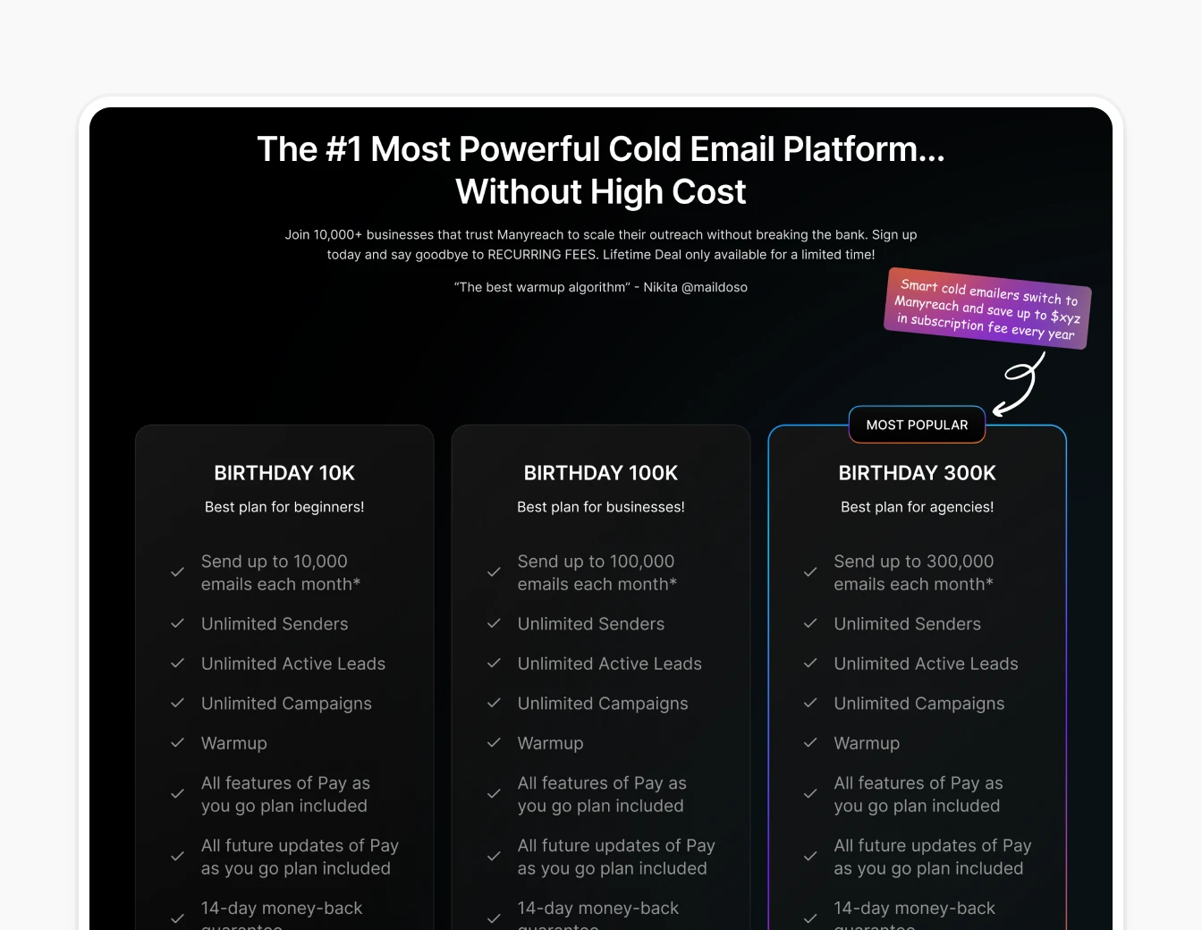 Manyreach Birthday Pricing Plans Dark