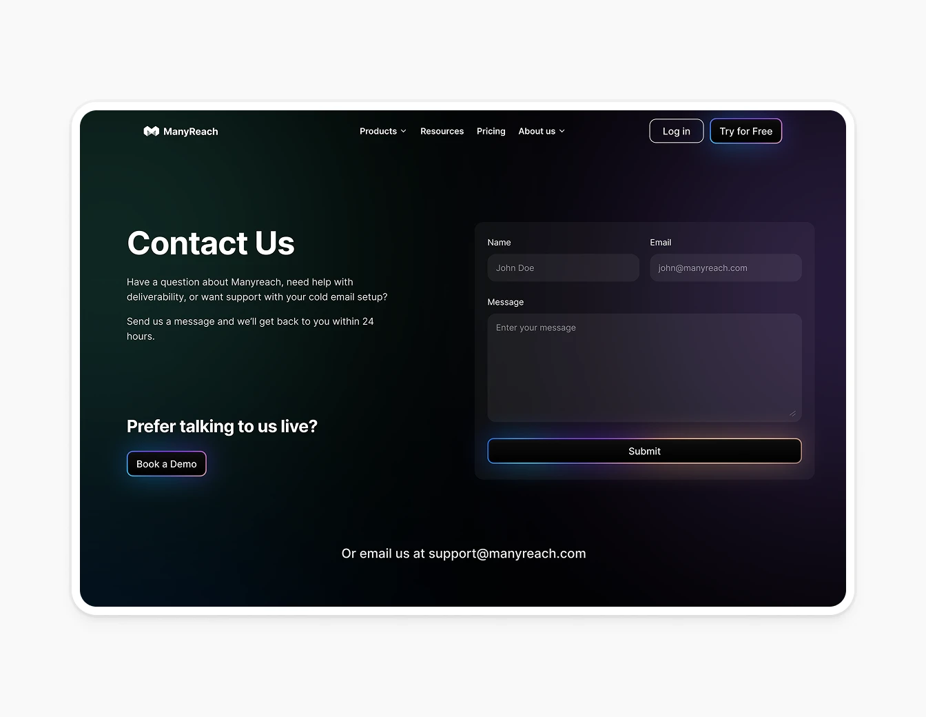 Manyreach Contact Us Form Dark Gradient