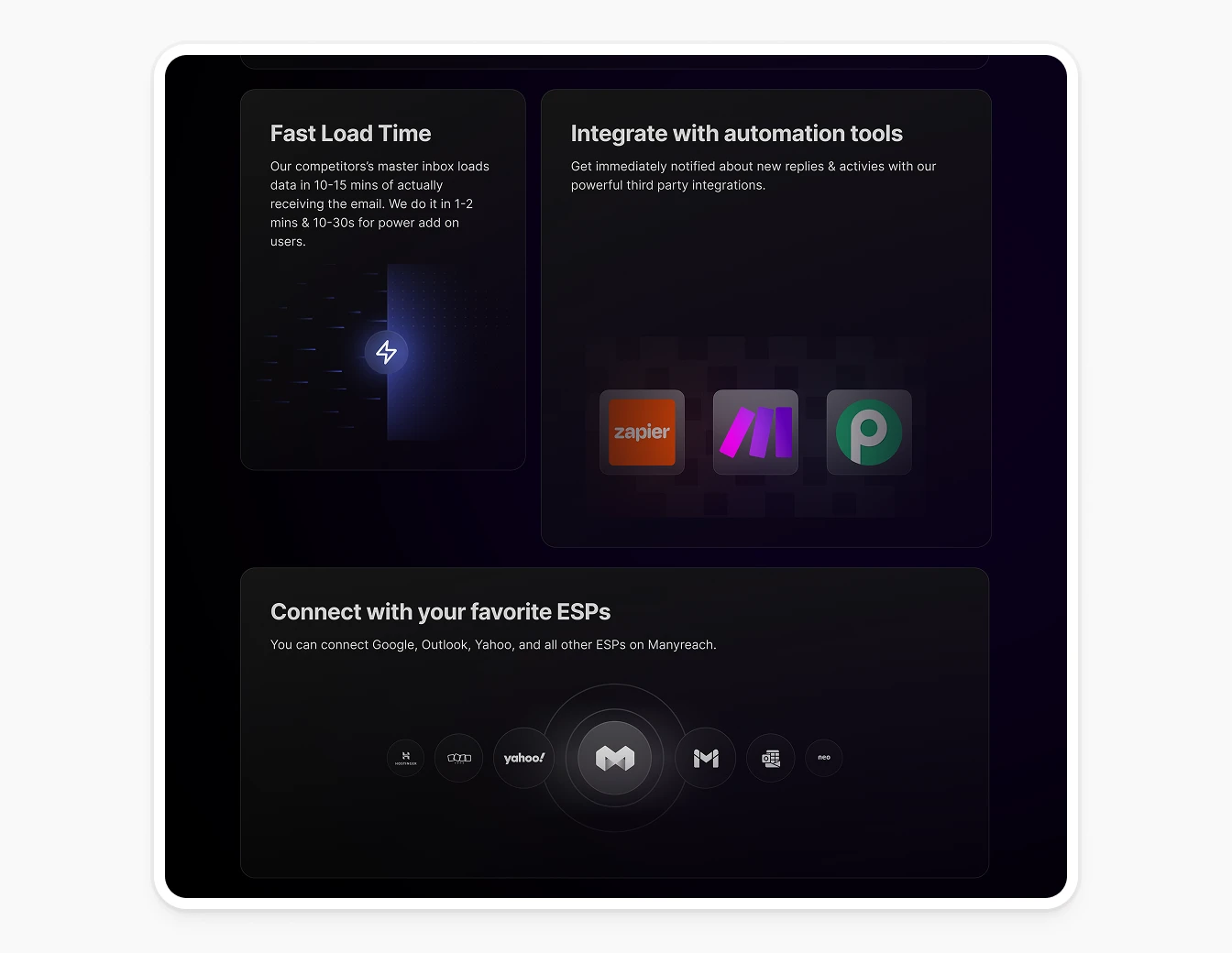 Manyreach Integrations ESP Features Dark