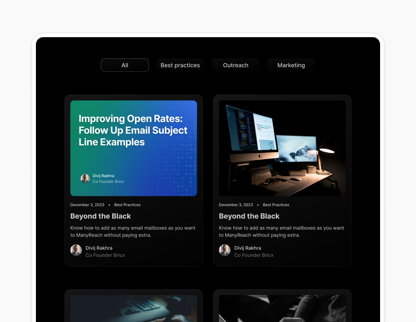 Manyreach Blog Articles Cards Dark Mode