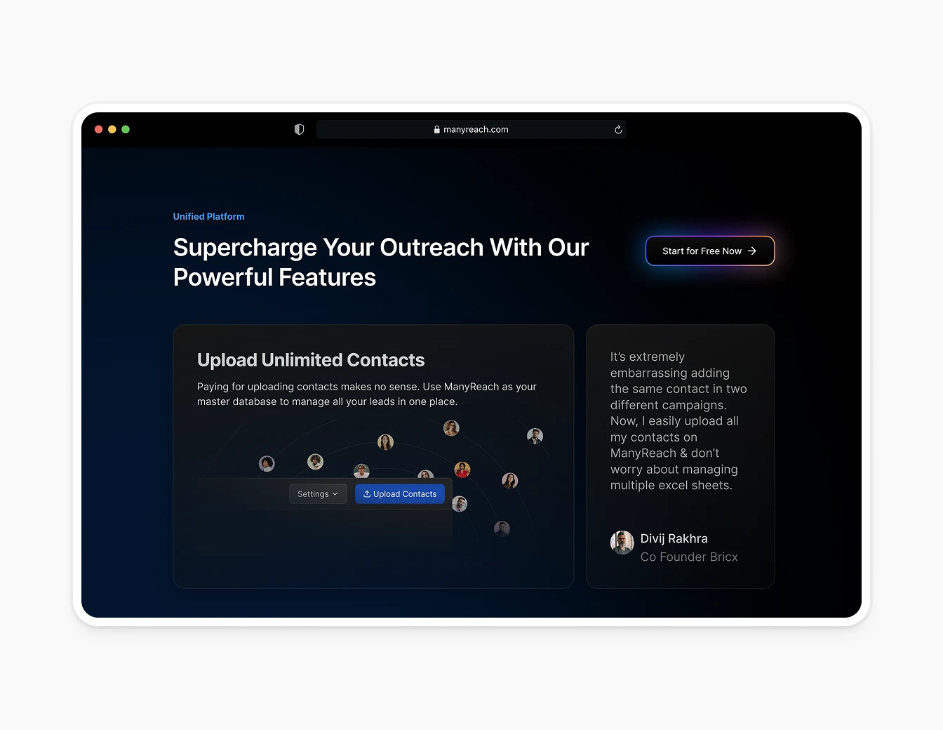 Manyreach Upload Contacts Features Dark