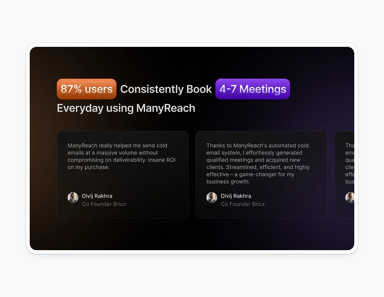 Manyreach Testimonials Social Proof Section