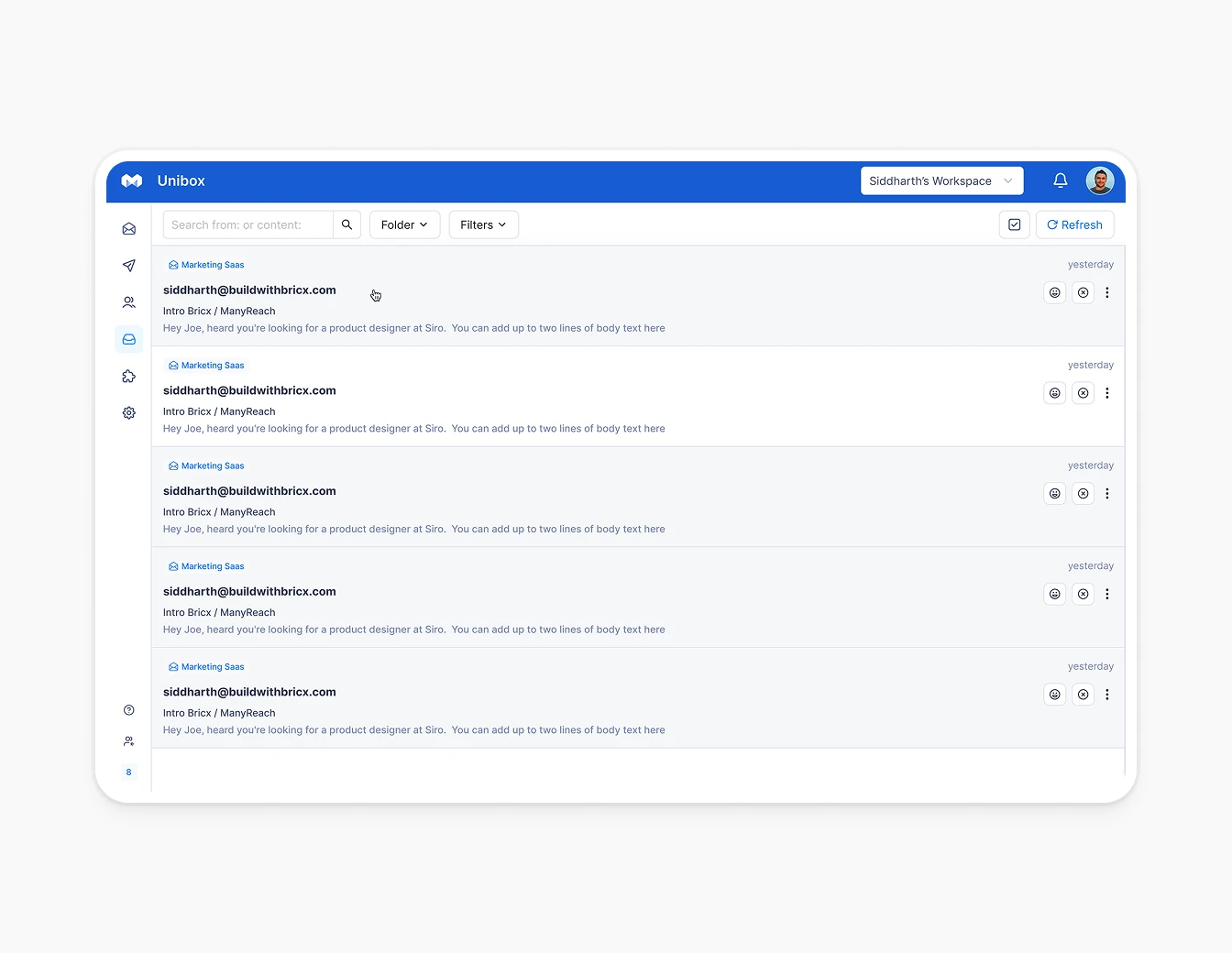 Manyreach Unibox Email List Sidebar