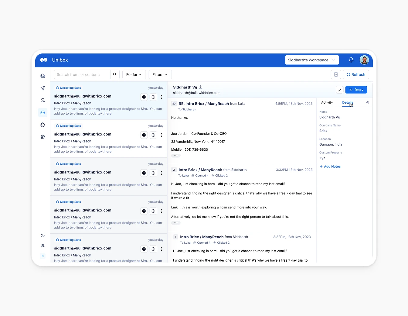 Manyreach Unified Inbox Email Dashboard