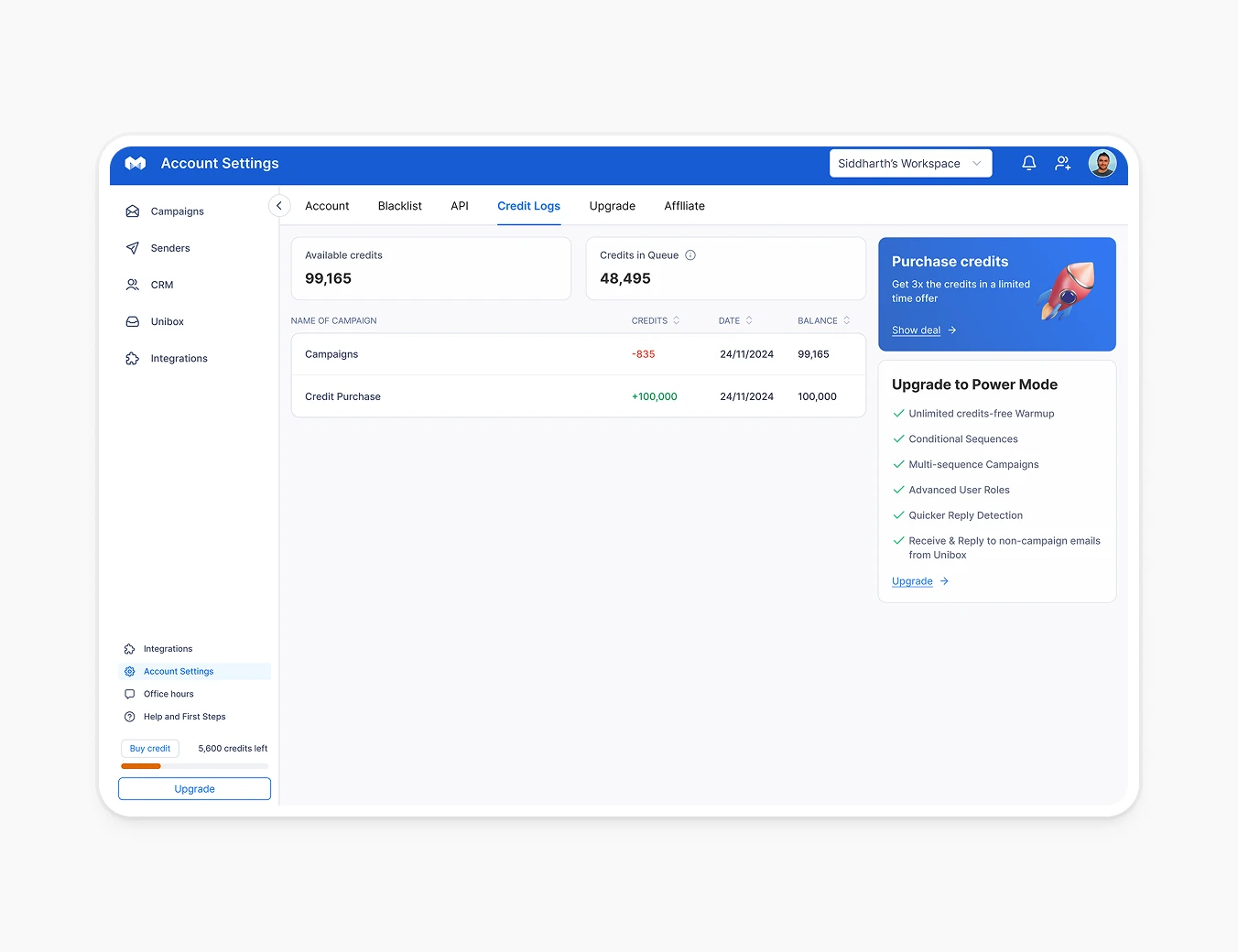 Manyreach Account Settings Credit Logs