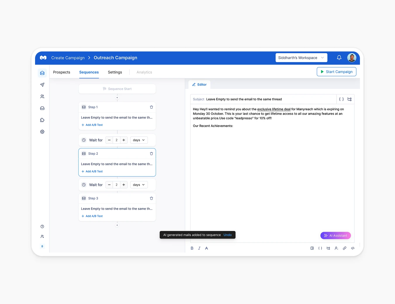 Manyreach Sequence Builder Email Editor