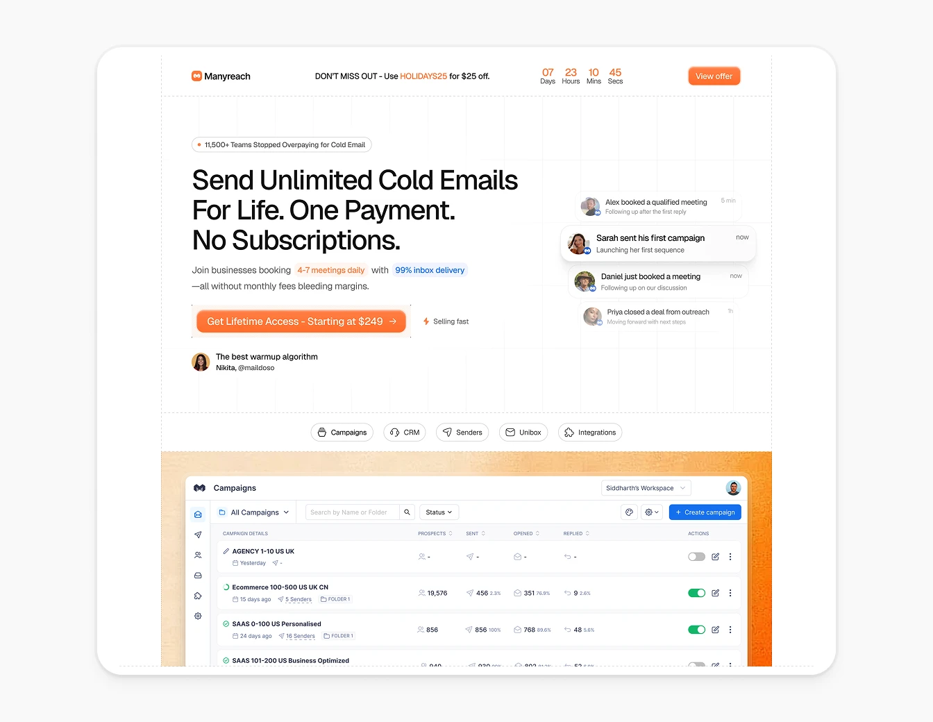 Manyreach Lifetime Deal Hero Section Light