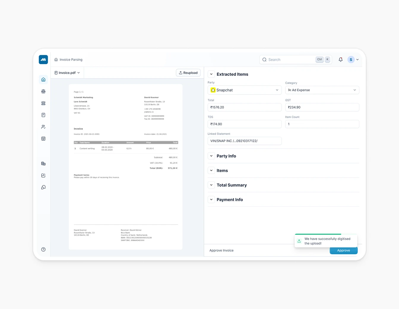 Metricbooks Invoice Parsing Extracted Data