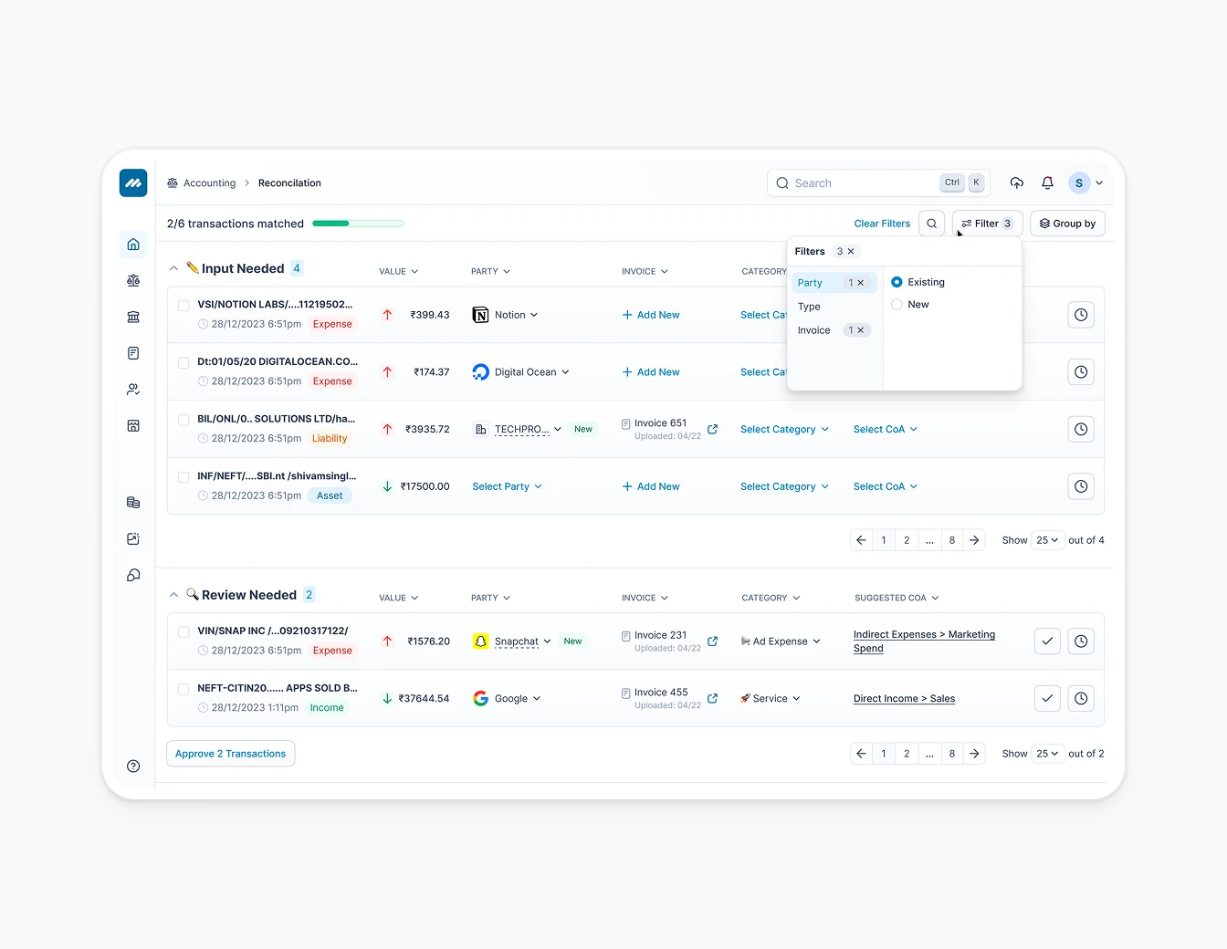 Metricbooks Reconciliation Filter Dropdown