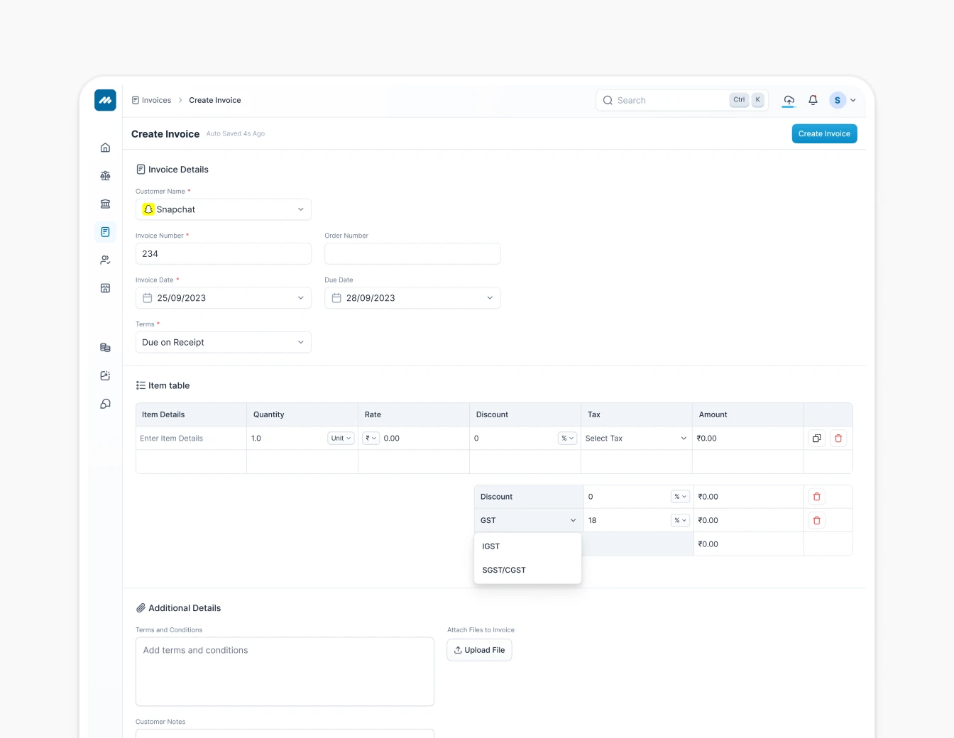 Metricbooks Create Invoice Form GST Tax