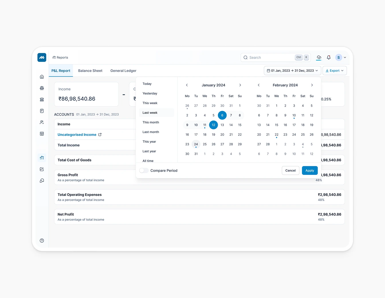 Metricbooks PnL Report Date Range Picker
