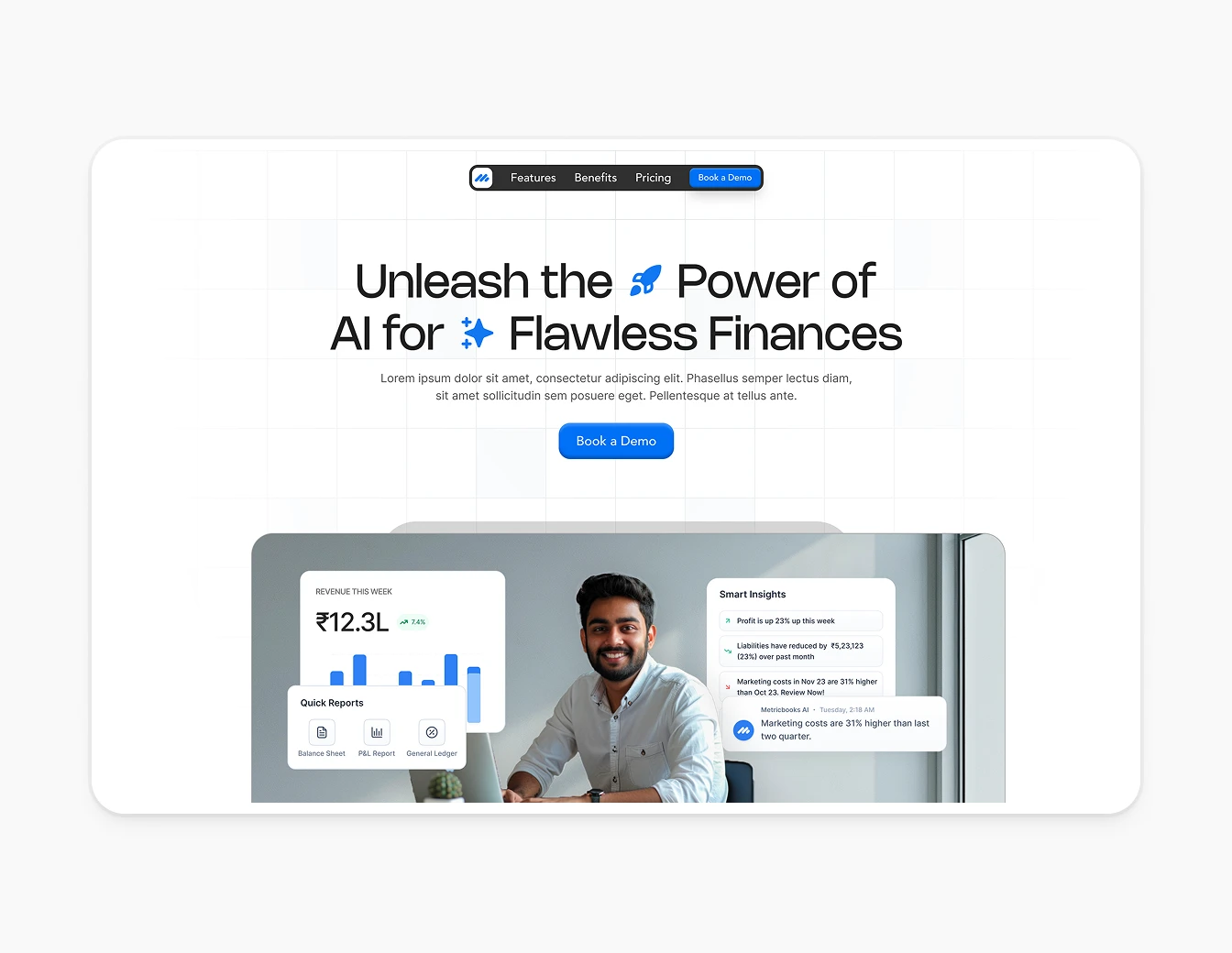 Metricbooks AI Finance Hero with Dashboard