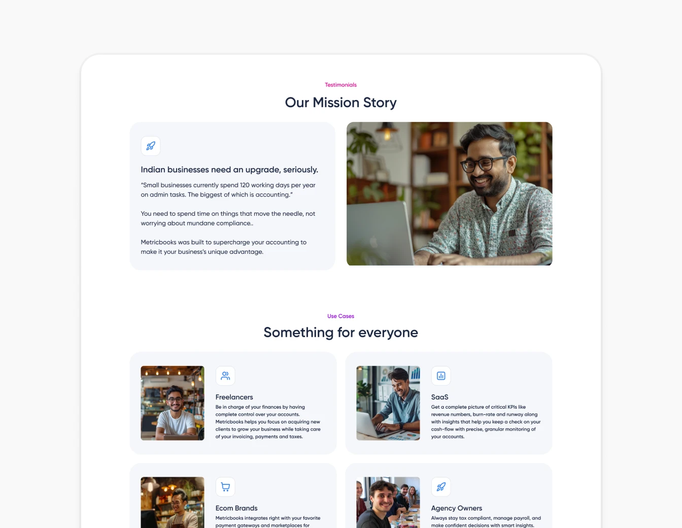 Metricbooks Mission Story Team Section