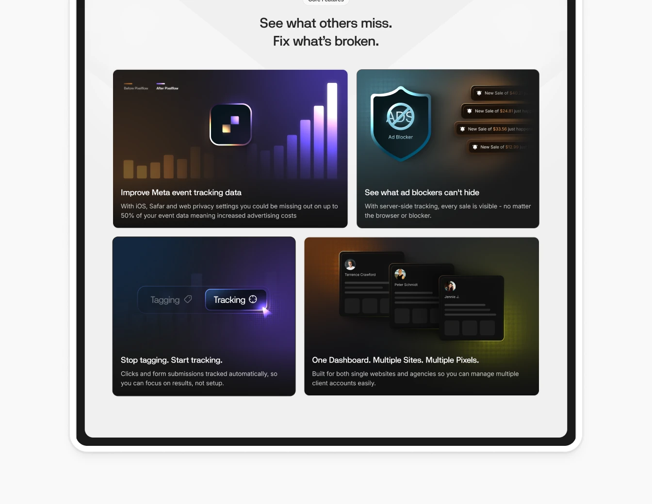 Pixelflow Core Features Bento Grid Dark
