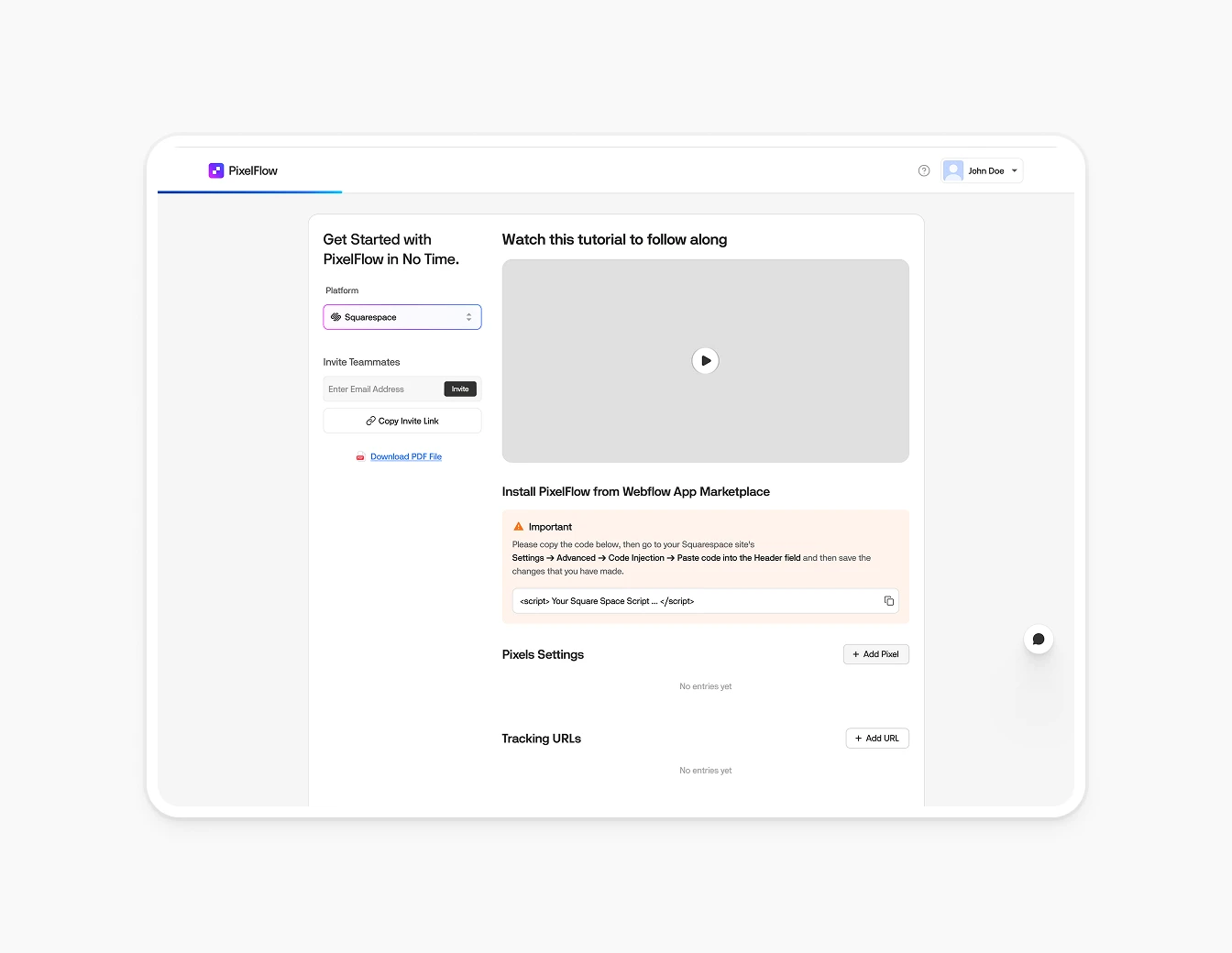 Pixelflow Get Started Onboarding Setup