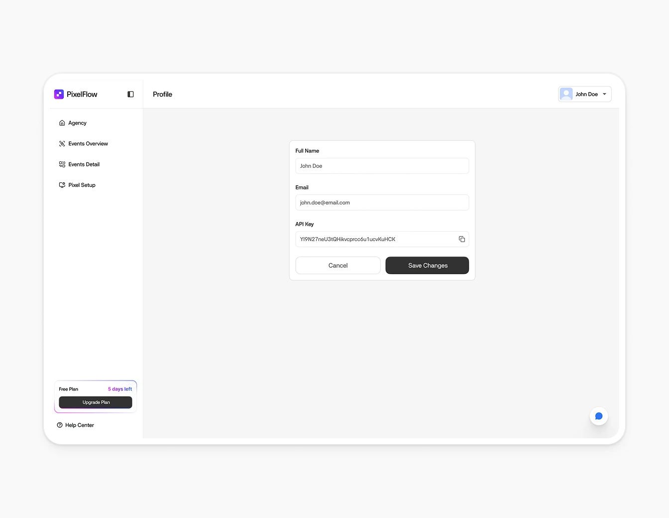 Pixelflow Profile Settings API Key Page