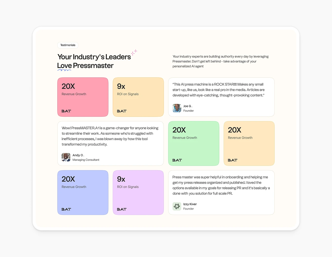 PressMaster Testimonials Leaders Stats Grid
