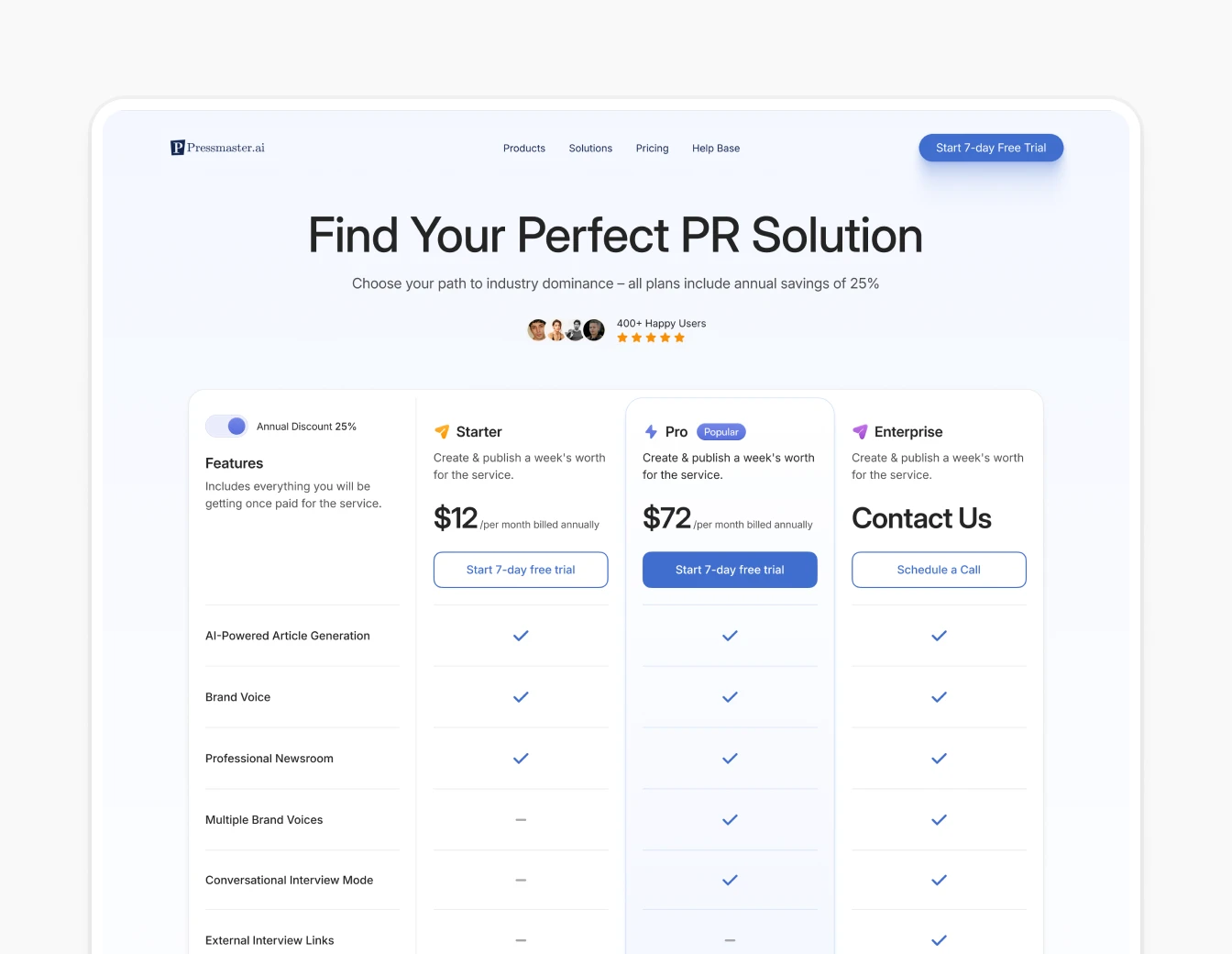 PressMaster Pricing Plans Light