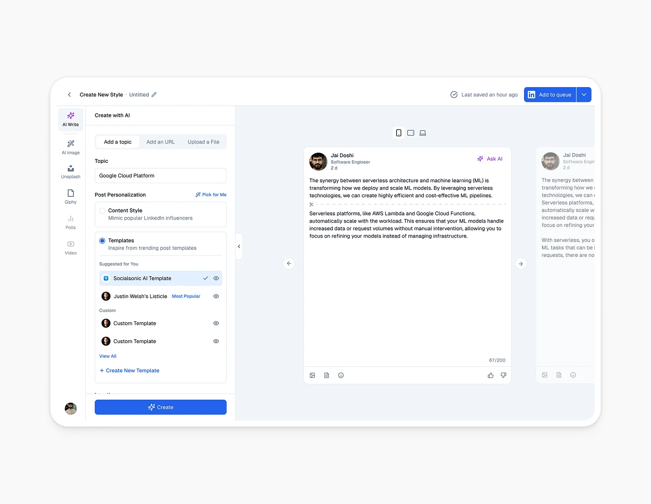 Socialsonic AI Writer Full Editor View