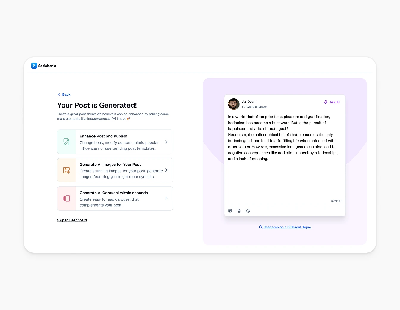 Socialsonic Post Generated Publish Options