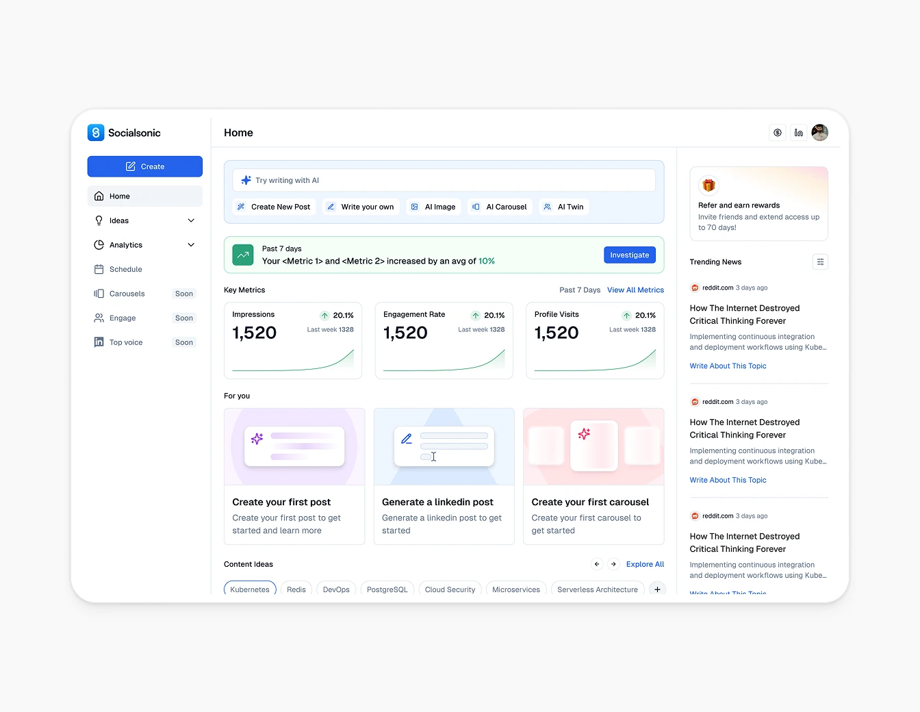Socialsonic Home Dashboard Metrics Overview