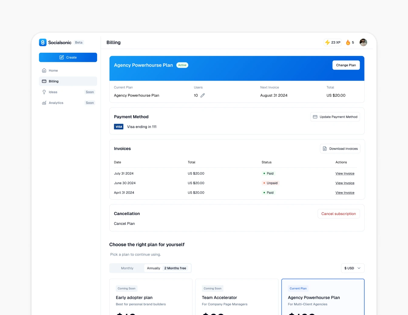 Socialsonic Billing Invoices Subscription
