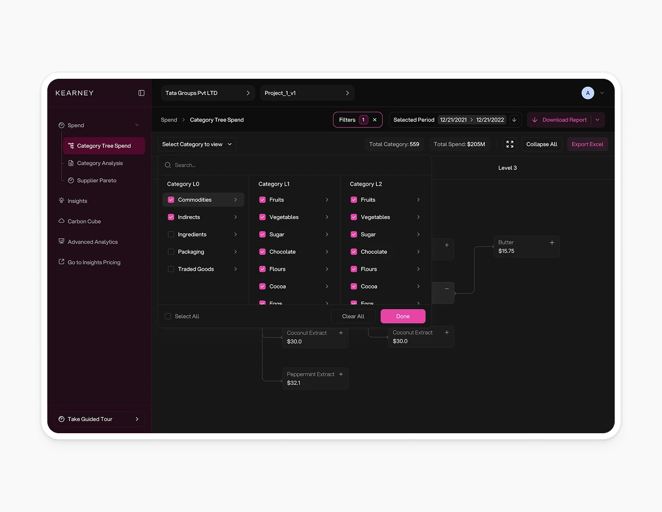AT Kearney Category Filter Modal Spend View