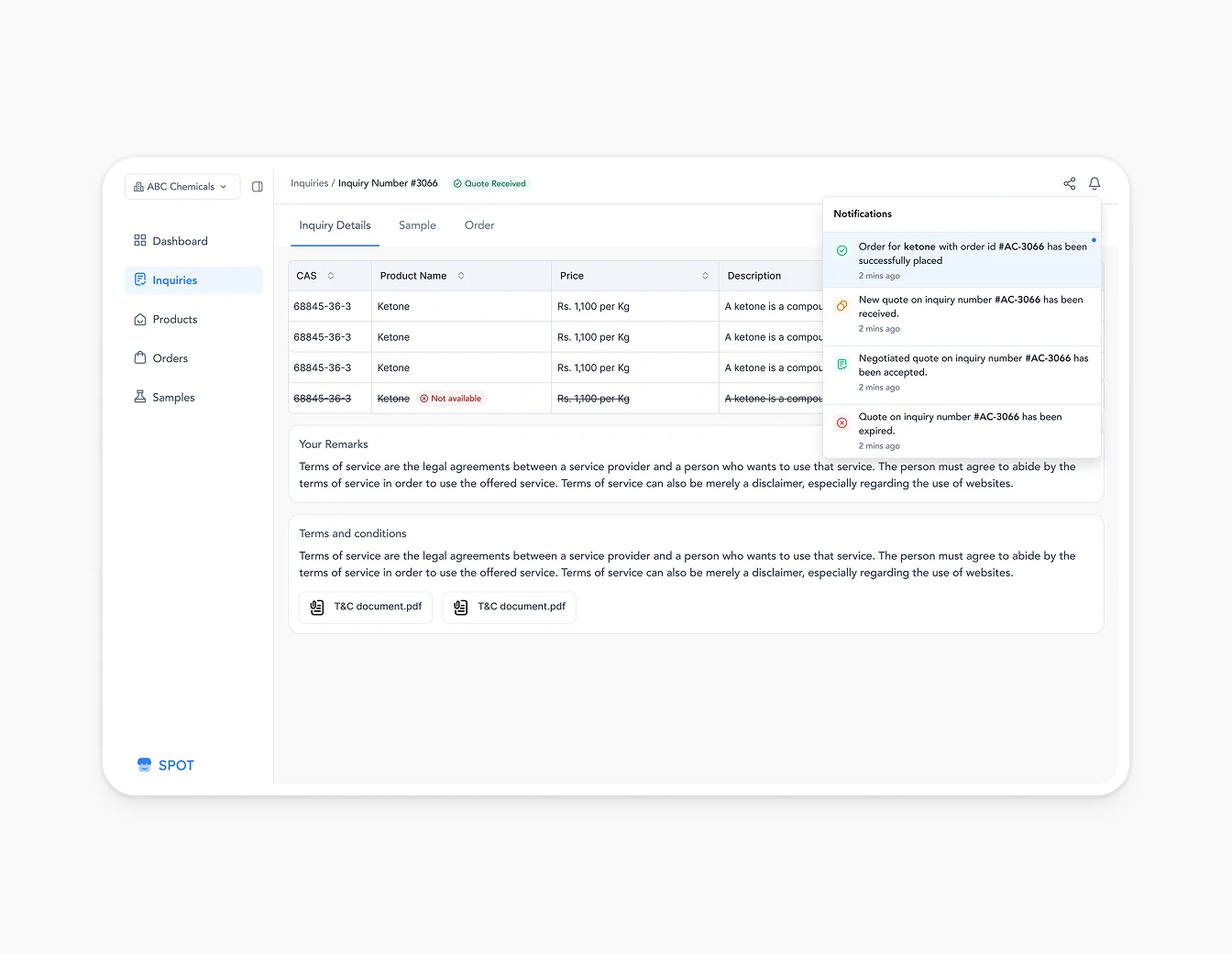 Spot Inquiry Details Notifications Panel