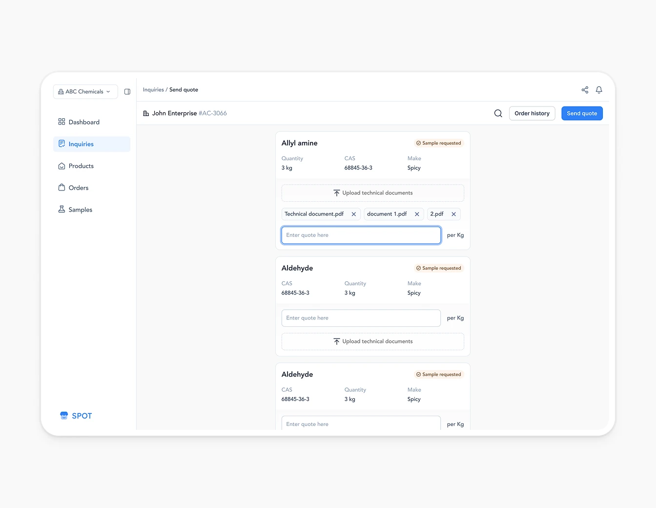 Spot Inquiry Details Product Table Terms
