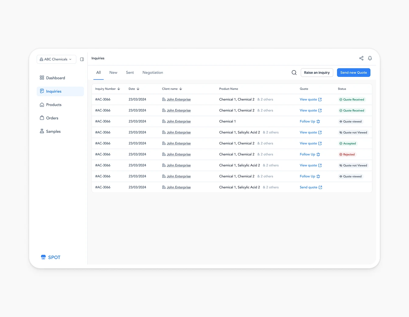 Spot Inquiries List Status Quote Tracker
